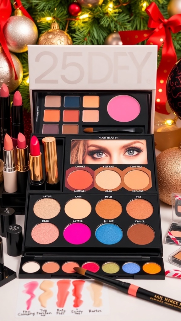 A colorful array of makeup products set against a festive Christmas backdrop.